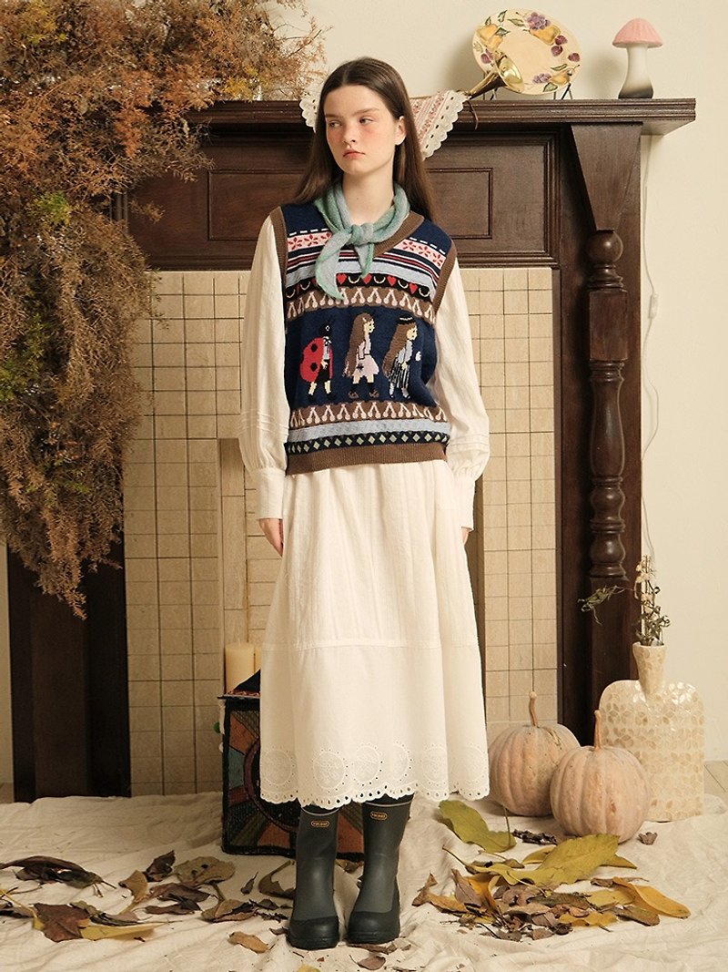 Mintcheese  Yili Tongqu Girl World Jacquard Slave Wool Vest - เสื้อกั๊กผู้หญิง - ขนแกะ สีน้ำเงิน