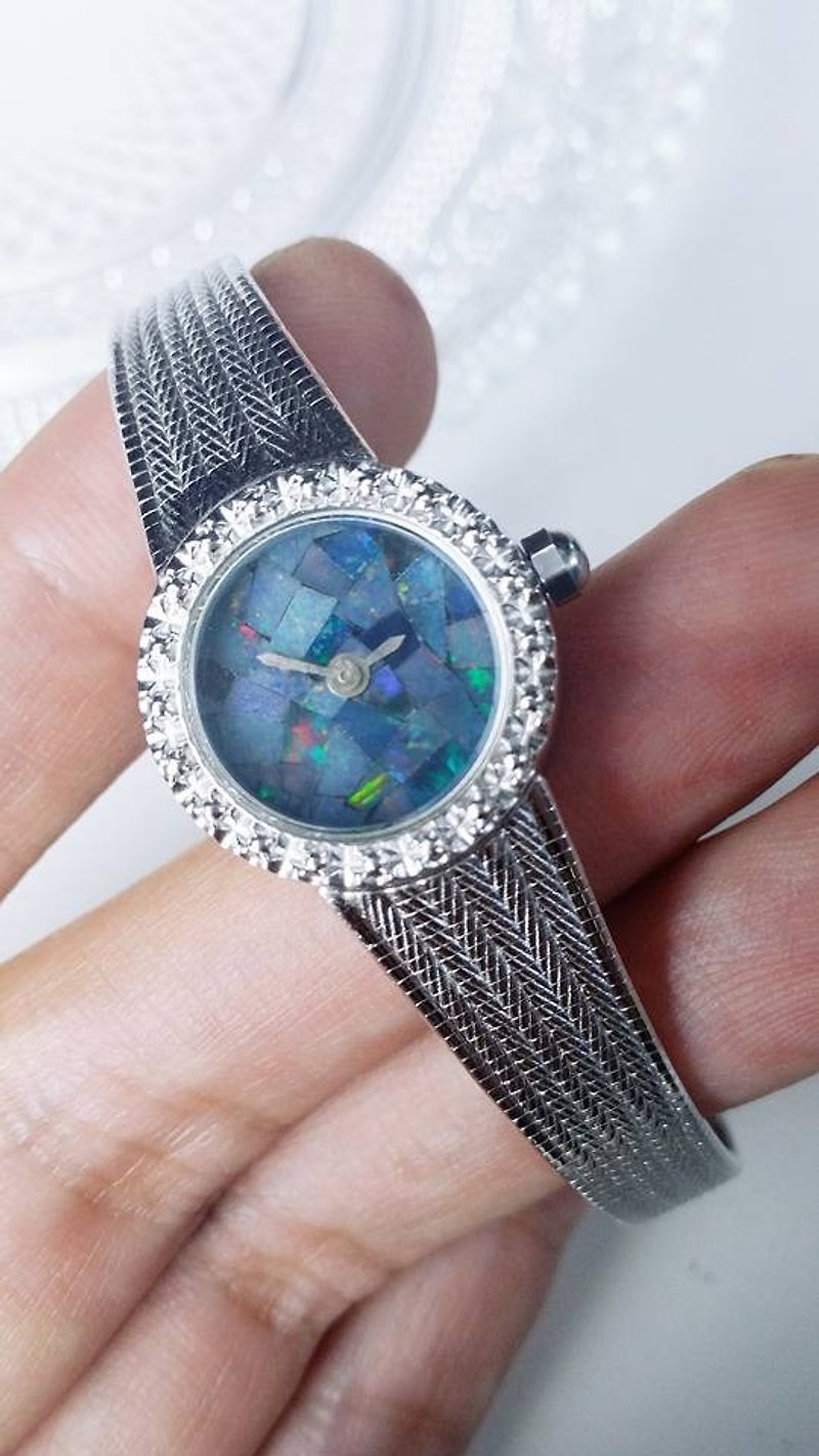 【Lost and find】古董款 天然石 opal 澳寶 蛋白石 鋼 手鐲 手錶 - 女錶 - 寶石 藍色