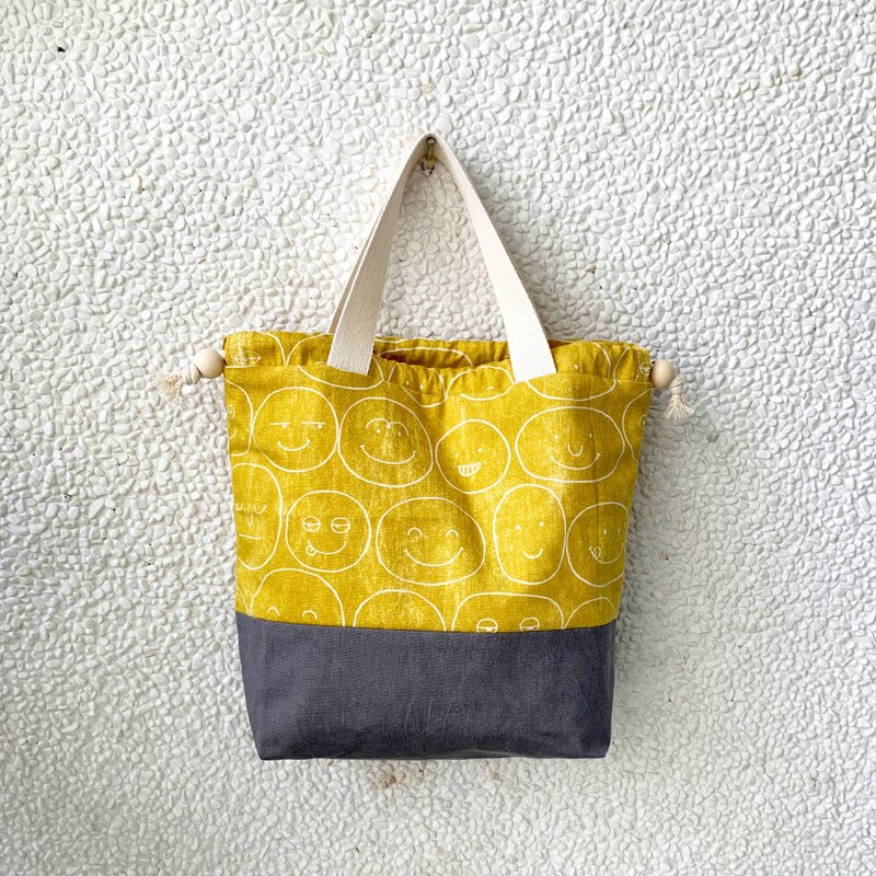 [River] Bezel Tote Bag (Wide)/Japanese Fabric/Yellow Smiley - Handbags & Totes - Cotton & Hemp Yellow