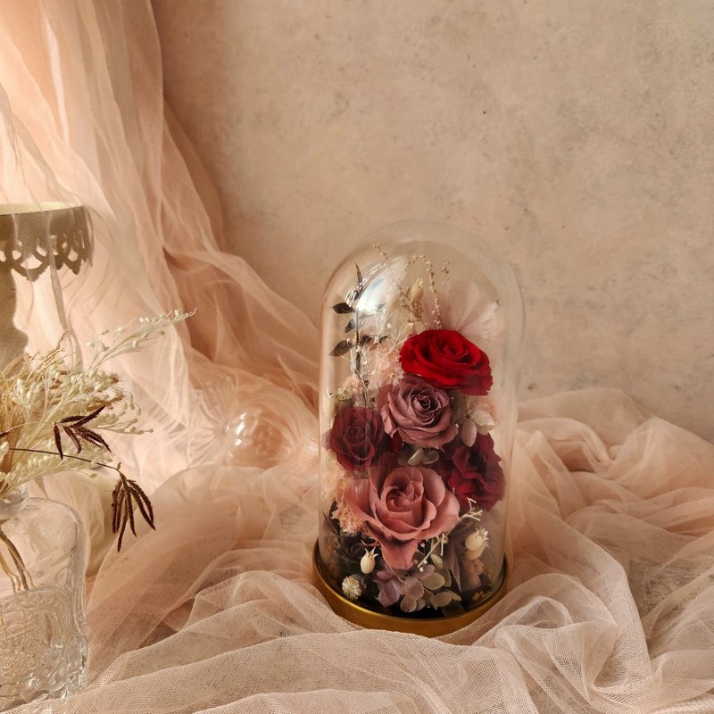 深情の愛 長型玻璃鐘罩 5朵永生玫瑰 紅玫瑰 七夕情人節 節日送禮 - 乾燥花/永生花 - 植物．花 紅色