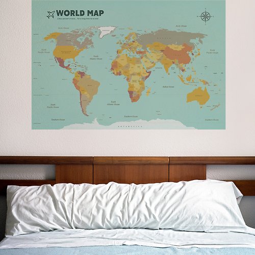 自由取材 Deco Life 【輕鬆壁貼】世界地圖/斑藍 - 無痕/居家裝飾