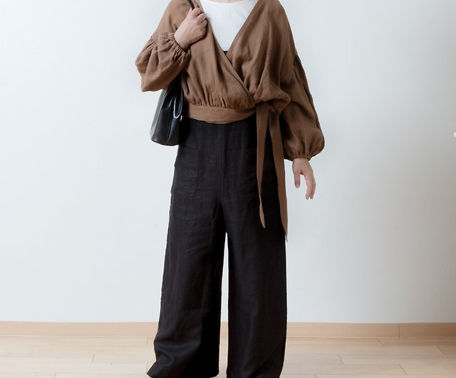 Cache-coeur gathered 2way blouse - French Linen/camel - 設計館