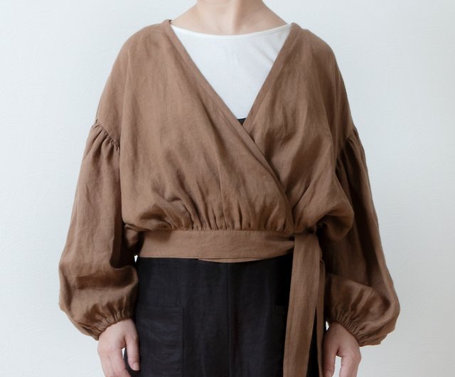 Cache-coeur gathered 2way blouse - French Linen/camel - 設計館