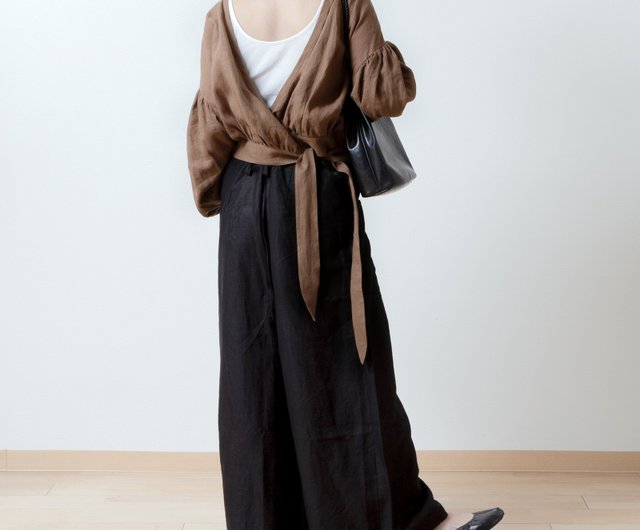 Cache-coeur gathered 2way blouse - French Linen/camel - 設計館