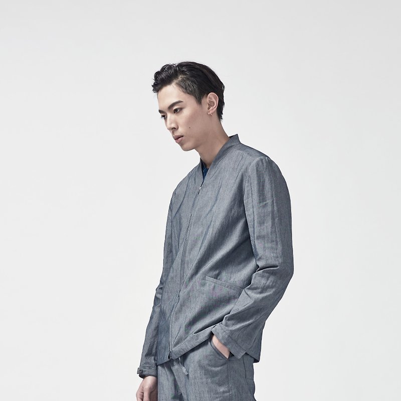 TRAN - V-neck linen drawstring jacket - Men's Coats & Jackets - Polyester Gray