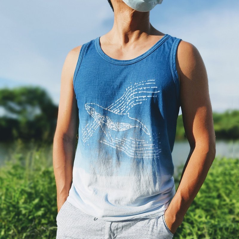 藍染  迴游之歌 中性款背心 - 男 T 恤 - 棉．麻 藍色
