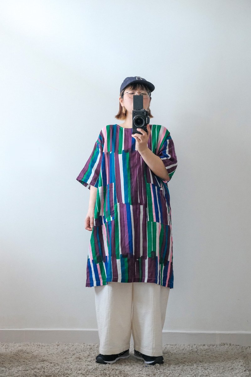 Colorful long dress with large brush strokes - ชุดเดรส - ผ้าฝ้าย/ผ้าลินิน หลากหลายสี