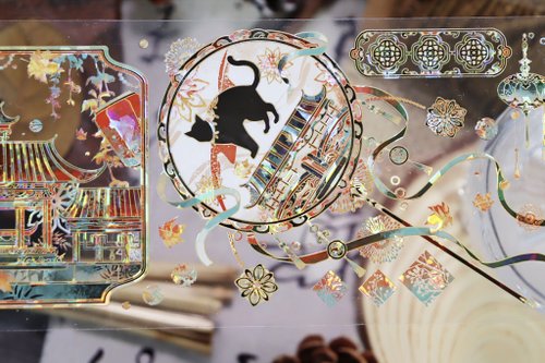 巫女sama事務所 唐 黒貓 東方古風 PET 紙膠帶 貝殼光 / 割型貼紙卷 星光膜