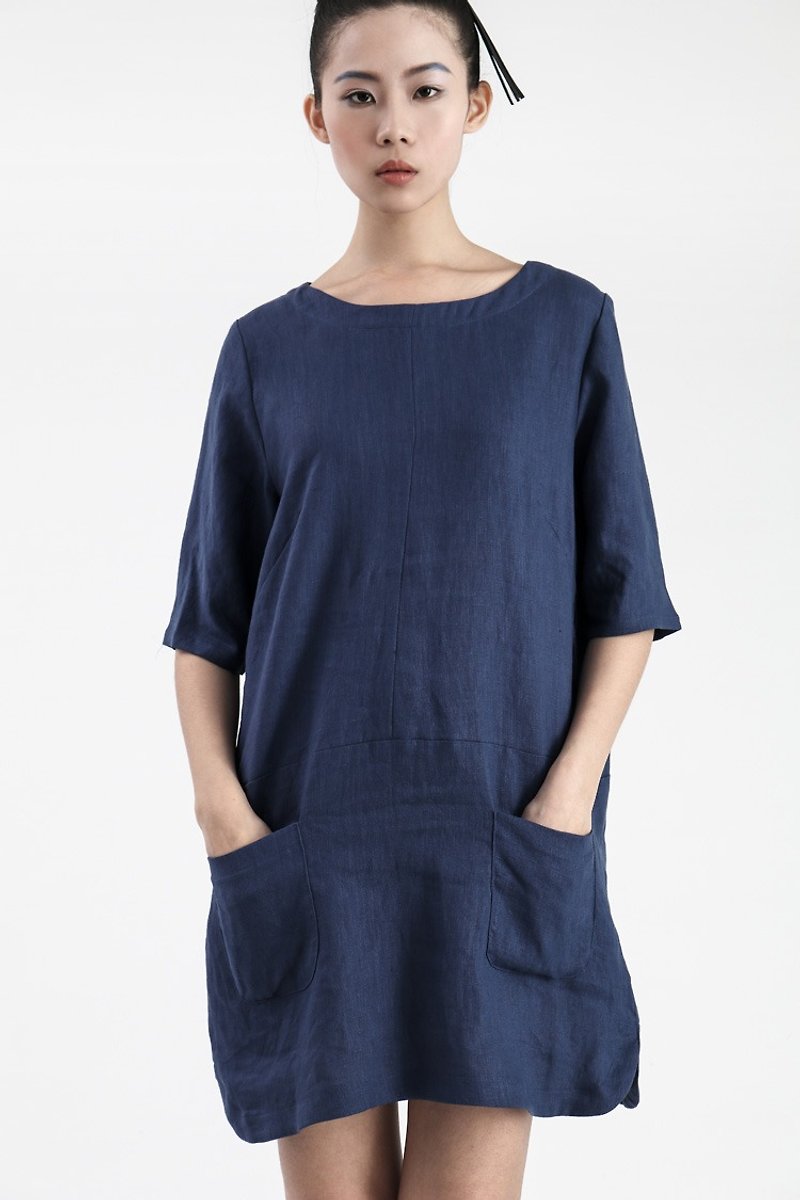 【訂製】亞麻中袖洋裝 連身裙 - 連身裙 - 棉．麻 藍色