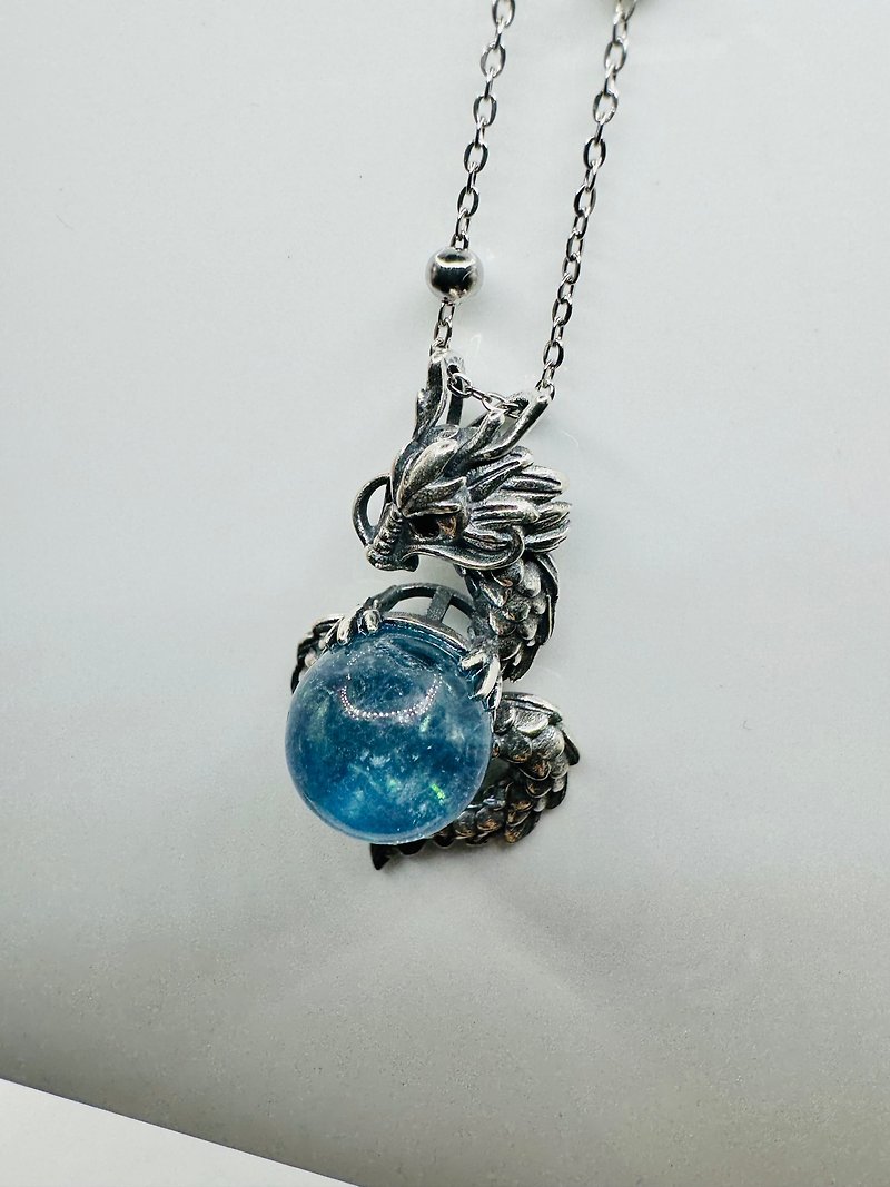 Aquamarine-Sterling Silver Dragon Necklace - Necklaces - Sterling Silver Blue