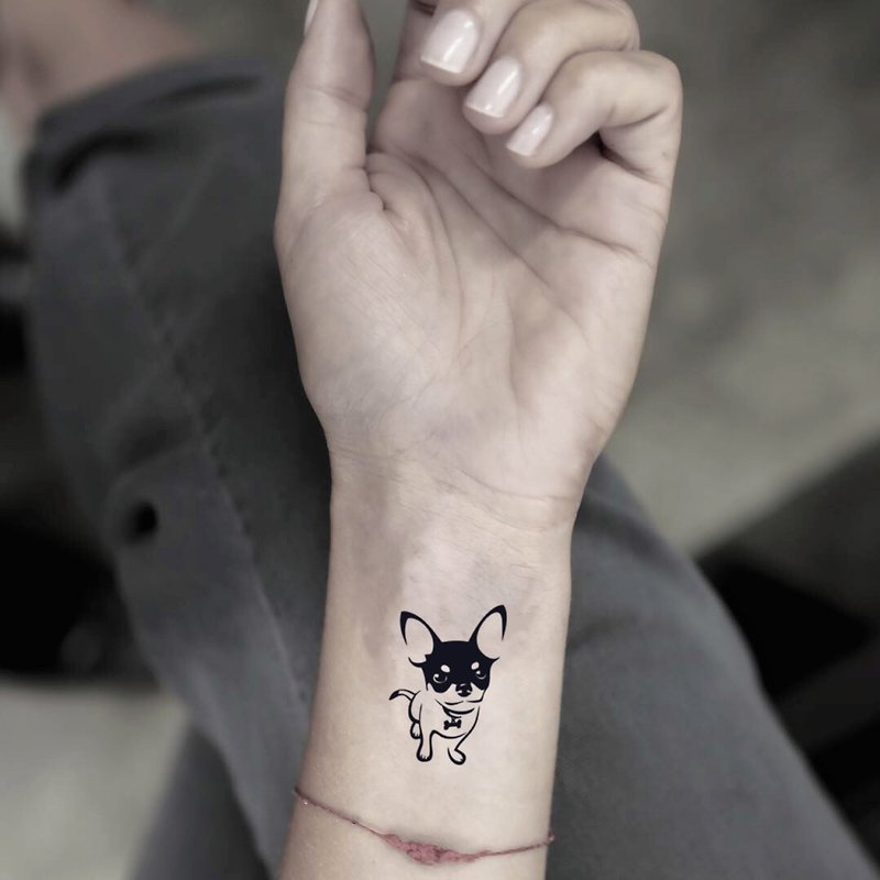 OhMyTat 吉芝娃娃狗 Chihuahua 刺青圖案紋身貼紙 (2 張) - 紋身貼紙 - 紙 黑色