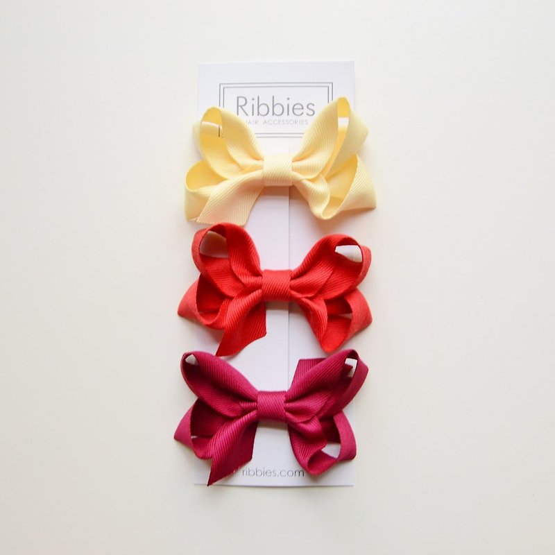 英國Ribbies 雙層中蝴蝶結3入組-黃紅系列 - 髮夾/髮飾 - 聚酯纖維 