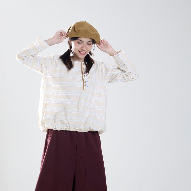 低飽和條紋半開襟上衣 - 女上衣/長袖上衣 - 棉．麻 卡其色