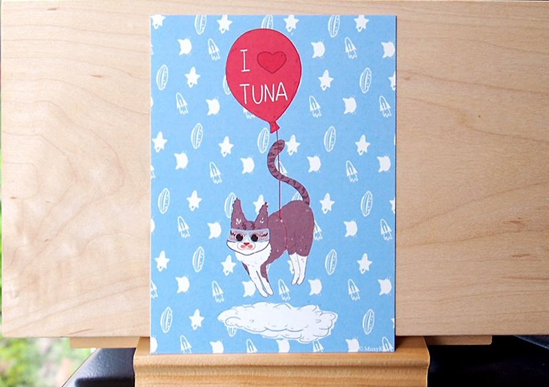 貓咪插畫明信片- I love tuna 好愛鮪魚 - 卡片/明信片 - 紙 藍色