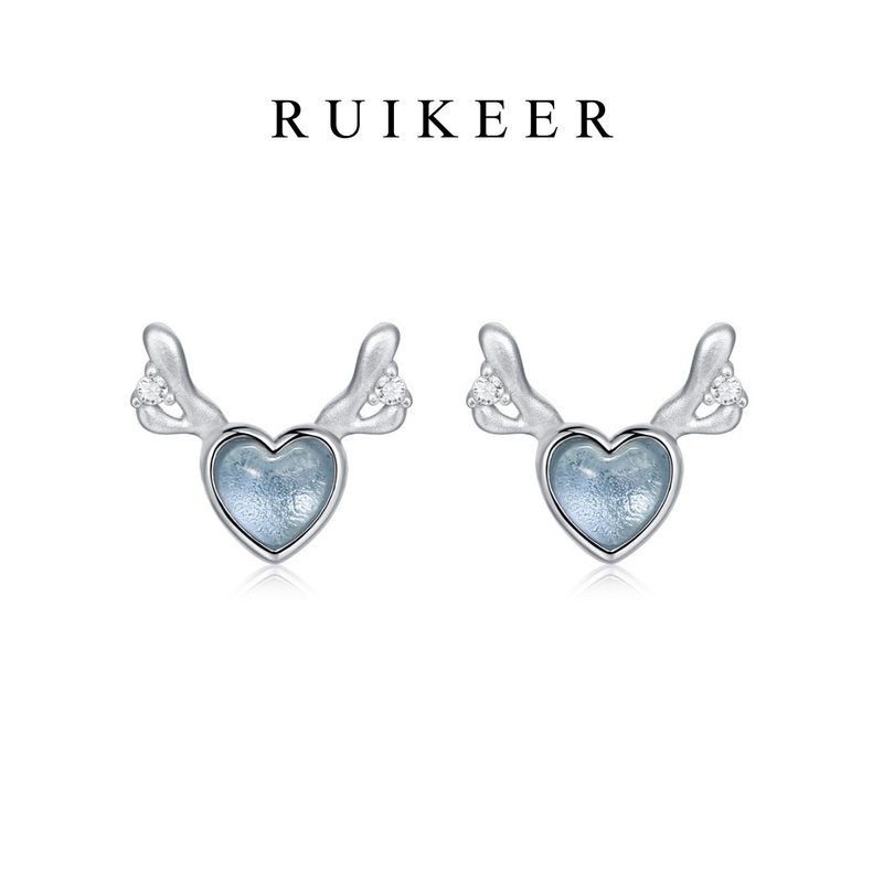 925純銀鍍白金天然藍尖晶愛心馴鹿角耳環 - 耳環/耳夾/耳骨夾 - 純銀 藍色