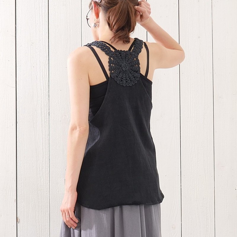 Attractive floral pattern, crochet, tank top, tunic, black, d-tp003 - เสื้อผู้หญิง - ผ้าฝ้าย/ผ้าลินิน สีดำ