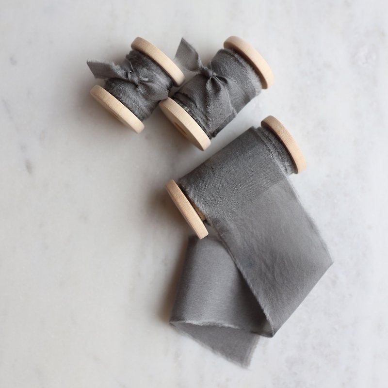 Graphite Silk Ribbon / Hand Dyed Silk ribbon on Wood Spool - วัสดุห่อของขวัญ - ผ้าไหม สีเทา