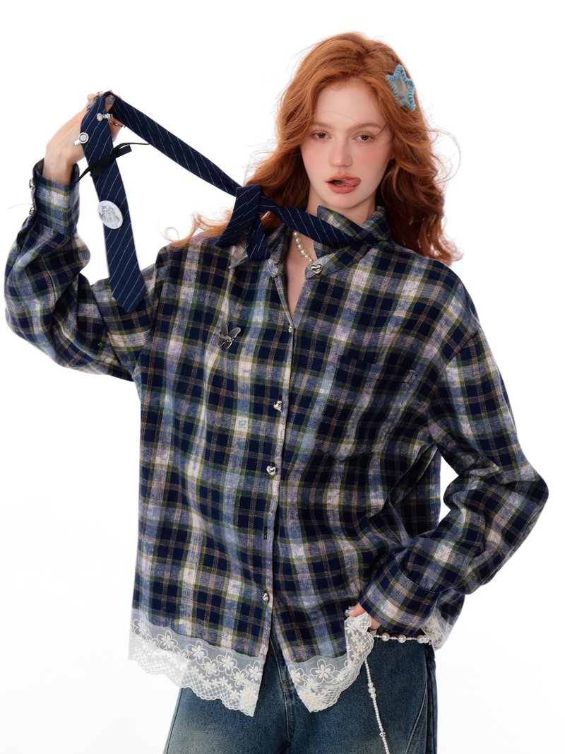 ziziFei Autumn/Winter Collection: American-inspired design, sophisticated lace accents, plaid pattern, relaxed fit blue plaid shirt jacket for women. - Women's Shirts - Other Materials Blue