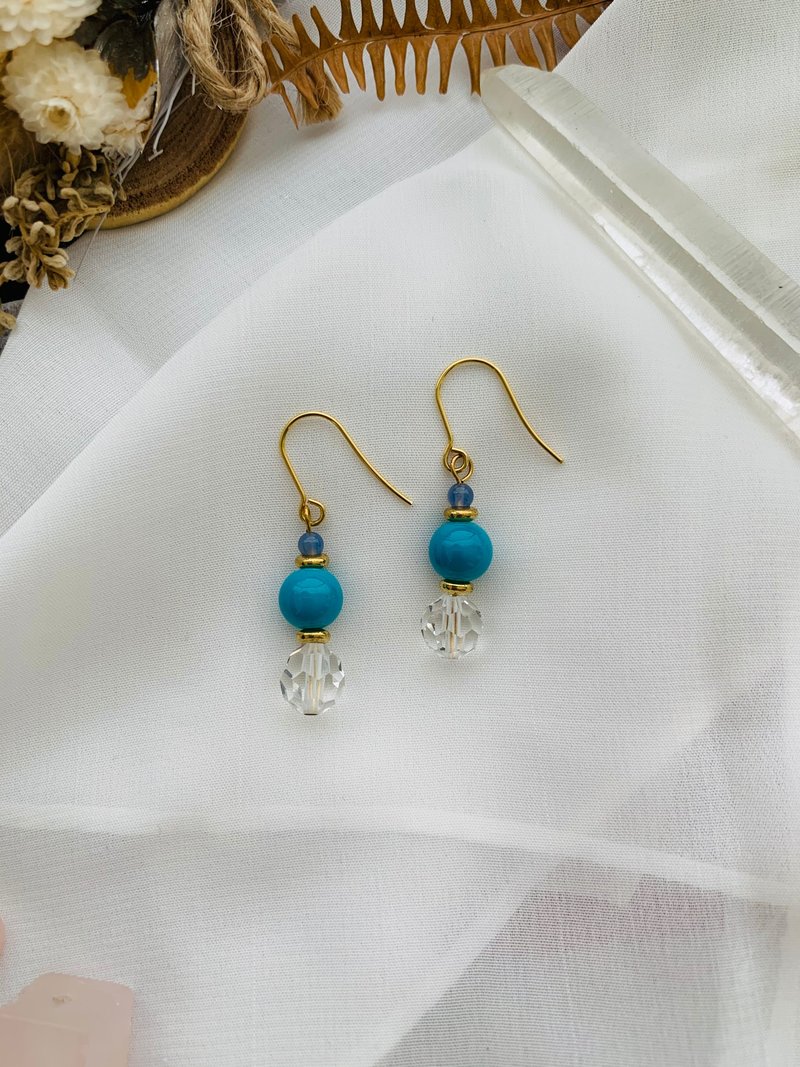 Agate, blue glass, faceted white crystal, Bronze plated anti-allergic ear hook - ต่างหู - เครื่องประดับพลอย สีน้ำเงิน