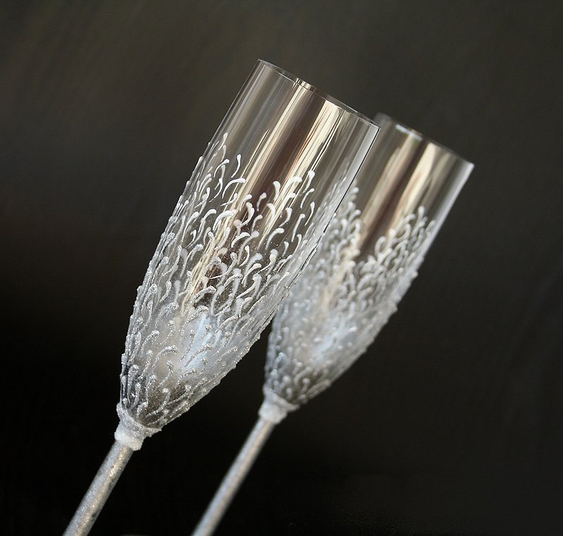 シャンパンウェディンググラス、シルバーグラス、ウィンターウェディング、手描き2点セット - ワイングラス・酒器 - ガラス シルバー