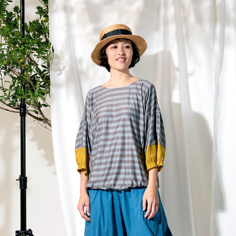 Dot puff sleeve stitching striped top - Women's Tops - Cotton & Hemp Multicolor