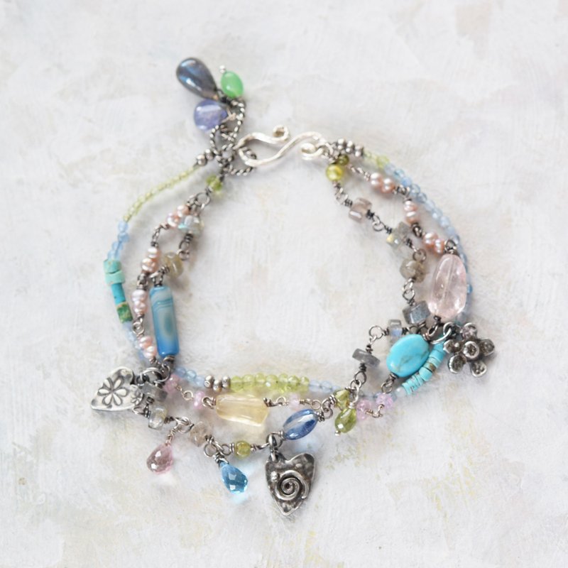 925 Silver charm and 3 strand bracelet with various natural stones - Bracelets - Gemstone Multicolor