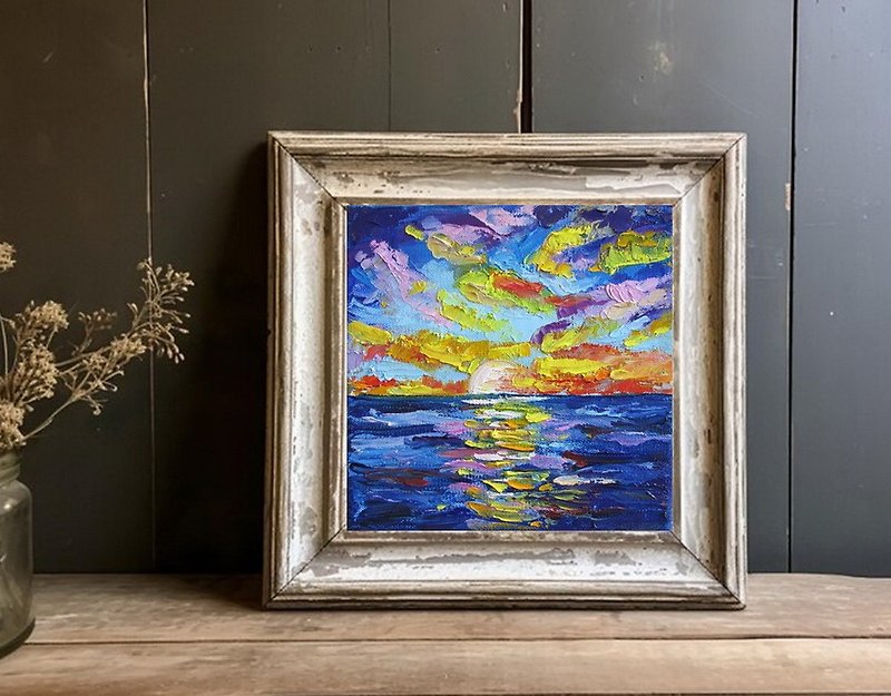 Sunset by the sea original oil painting small size impasto style bright colors - Wall Décor - Other Materials Multicolor
