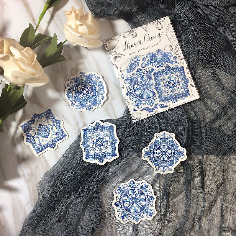 獨特手繪水彩 優雅 古典青花 花紋圖案 手帳貼紙   - 貼紙 - 紙 藍色