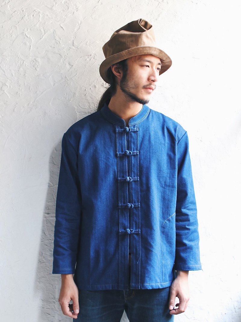 Omake唐裝盤扣丹寧襯衫(藍) - 男裝 恤衫 - 棉．麻 藍色