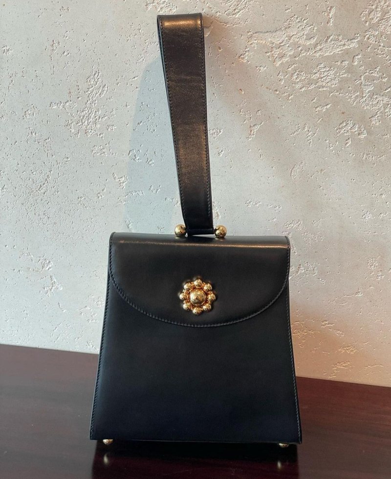 Paloma Picasso vintage black floral lock handbag - กระเป๋าถือ - หนังแท้ สีดำ