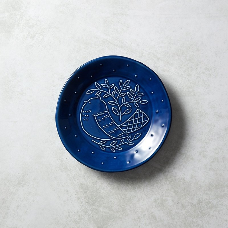 石丸波佐见烧- Mori's Song Round Bird Plate - Blue - จานเล็ก - ดินเผา สีน้ำเงิน