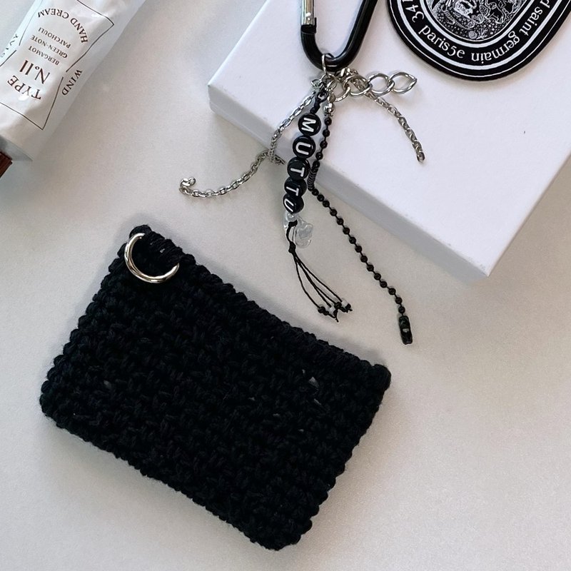 Black Linen Summer Knit Card Wallet ( + Key ring included ) - 皮夾/長短夾/錢包 - 棉．麻 黑色