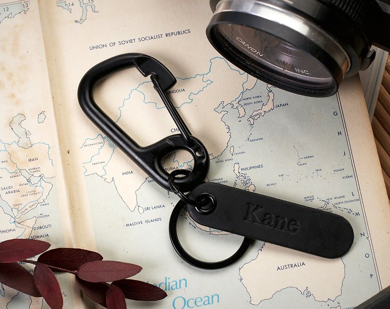 Black Carabiner Snap Clasp with Personalize Name Tag -Black  Keyring carabiner - Charms - Genuine Leather Black