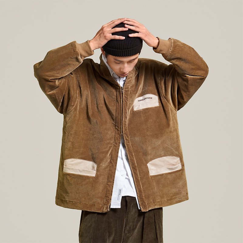 THREADDESIGN Japanese heavyweight corduroy and suede embroidery V-neck zipper robe jacket jacket - เสื้อโค้ทผู้ชาย - ผ้าฝ้าย/ผ้าลินิน สีนำ้ตาล