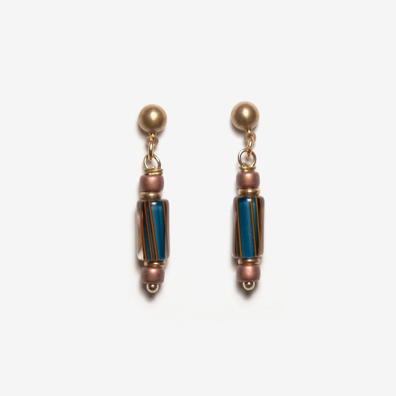 Vintage Barber Pole Earrings - Bronze - Earrings & Clip-ons - Colored Glass Blue