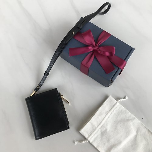 our-zest 短夾包 真皮皮夾 wallet with strap Black&Gold