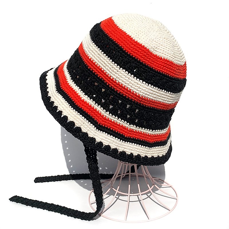 [Croche Hat] Multi-border Bucket Hat Vermilion - Hats & Caps - Cotton & Hemp Pink