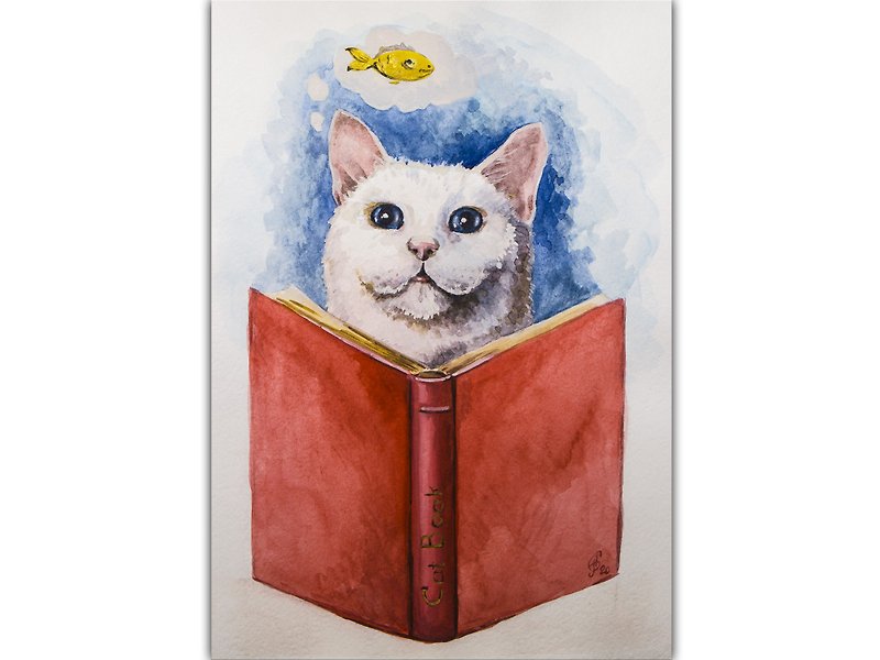 White Cat Painting Red Book Original Art Animal Watercolor Pet Hand-Painted Art - Posters - Paper Red