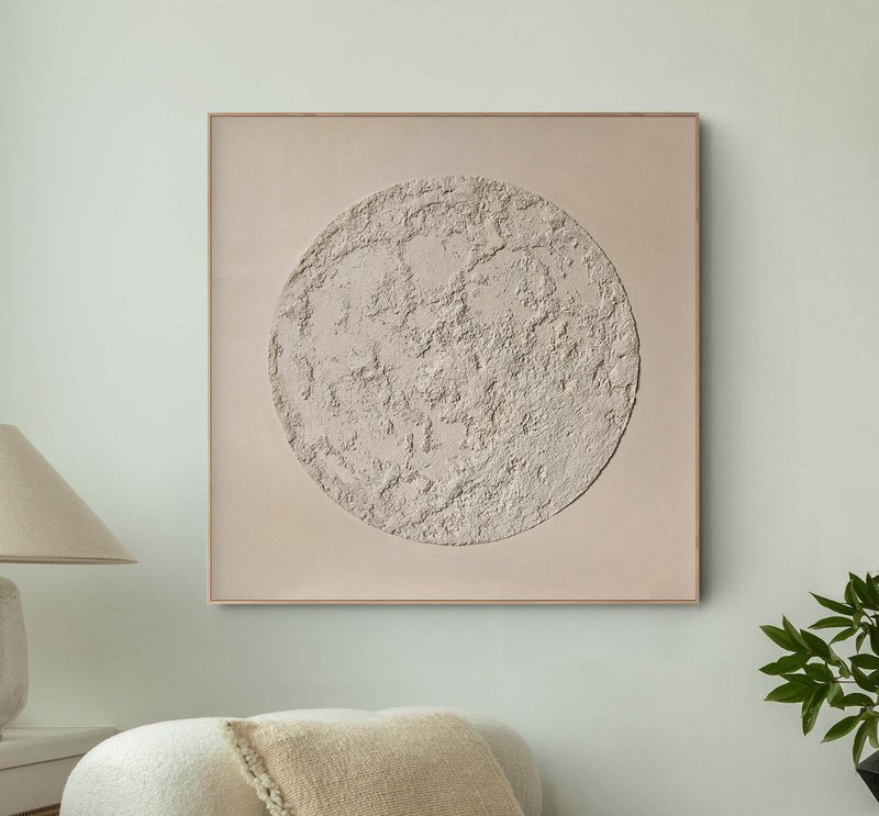 Moon Painting on Canvas | Moon Painting on Beige Acrylic | Beige Moon - 壁貼/牆壁裝飾 - 棉．麻 咖啡色