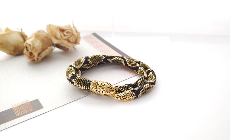 Beaded Snake bracelet necklace Python serpent Beaded Brown metalic snake - 手鍊/手環 - 其他材質 咖啡色