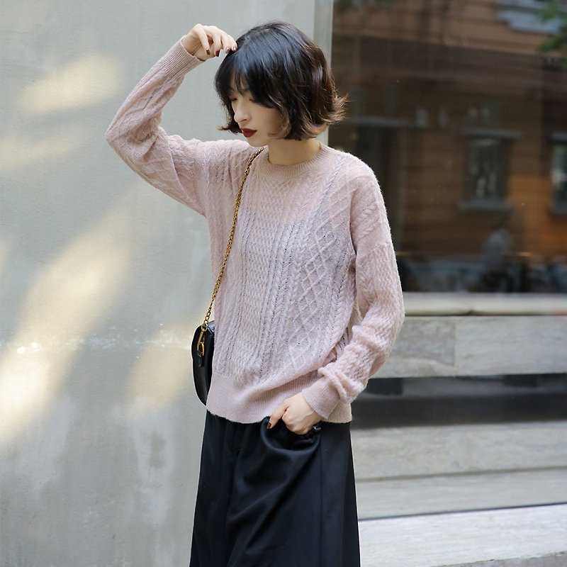 Japanese sweet pink jacquard pullover sweater | sweater | autumn | wool blend | Sora-367