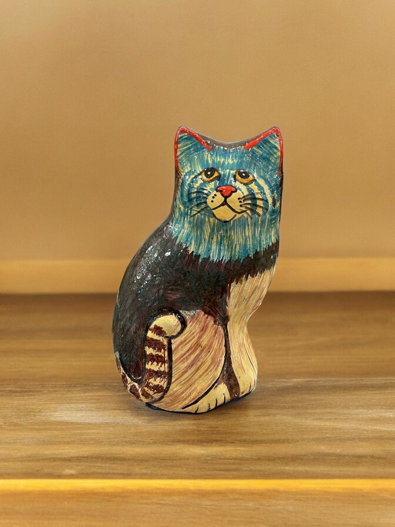 Handmade lacquered paper ware painted cat ornaments from Kashmir, India - Blue Cat - Items for Display - Wood Blue