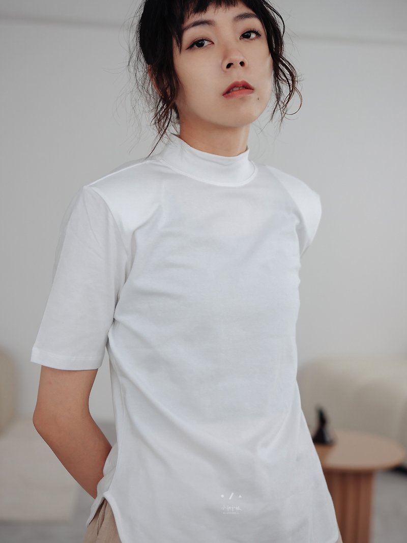Small cheat shoulder pad high collar small version narrow TEE - 2 colors - white high - Women's T-Shirts - Cotton & Hemp White