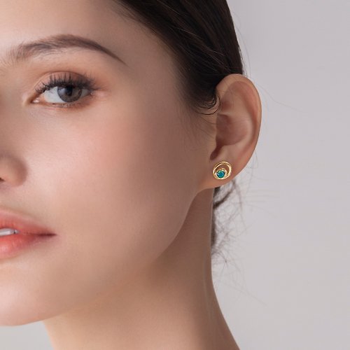 Majade Jewelry Design 藍綠藍寶石橢圓耳環-簡約圓形14k黃金耳釘-疊戴圈圈耳環-生日石