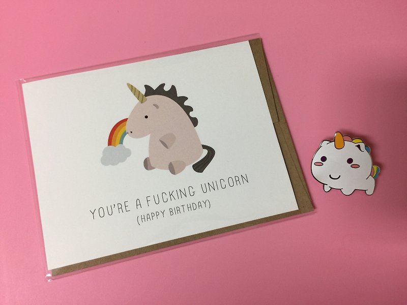 you're a fucking unicorn birthday card + Elodie unicorn pin combo - การ์ด/โปสการ์ด - กระดาษ หลากหลายสี