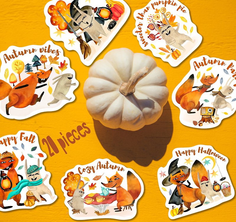 Watercolor autumn funny characters cute fox rabbit bunny hare STICKERS DIGITAL - อื่นๆ - วัสดุอื่นๆ สีส้ม