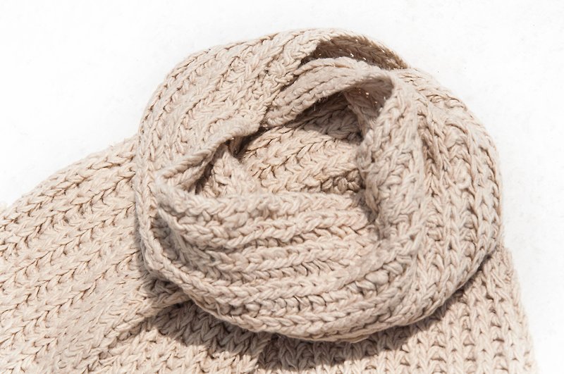 Hand-woven pure wool scarf / knit scarf / crochet striped scarf / handmade knit scarf - striped beige - ผ้าพันคอถัก - ขนแกะ หลากหลายสี