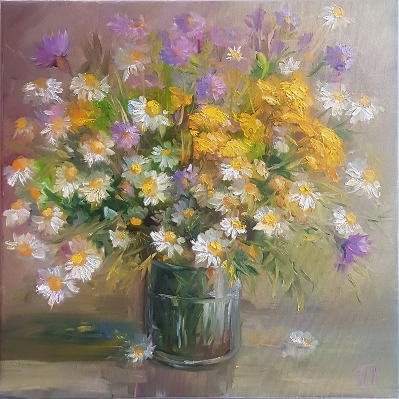 Daisy Oil Painting Original Art bouquet flowers oil Painting on canvas  手工油畫  油畫 - Posters - Other Materials Khaki