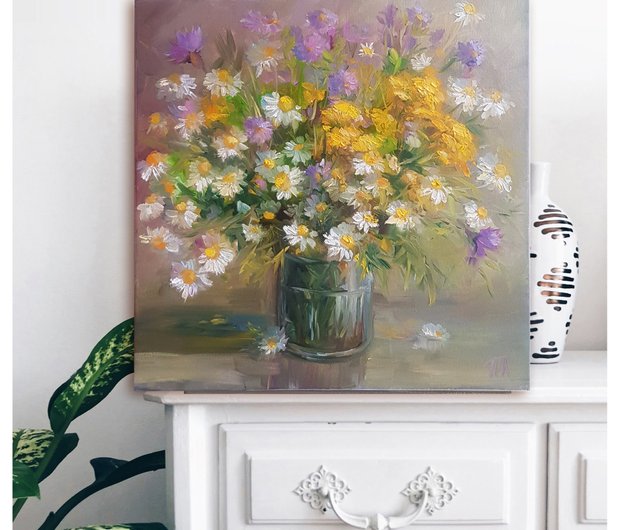 デイジー油絵オリジナル アート花束花油絵キャンバス手工油スケッチ
