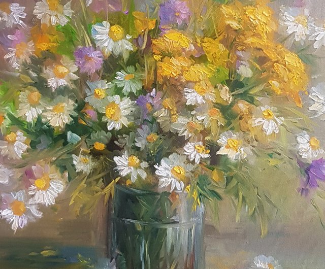 デイジー油絵オリジナル アート花束花油絵キャンバス手工油スケッチ